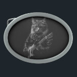 Cat with leather Jacket playing electric guitar  Belt Buckle<br><div class="desc">The shirt design depicts a striking and stylish image of a cool cat sporting a leather jacket and playing an electric guitar. The design is primarily in black and white, adding a classic and timeless feel to the graphic. The central focus of the design is the cat, which exudes an...</div>