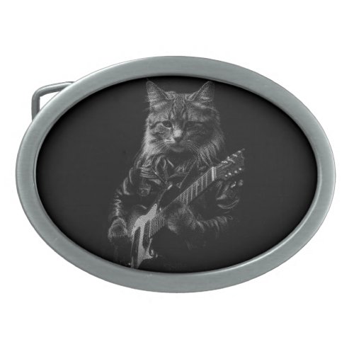 Cat with leather Jacket playing electric guitar  Belt Buckle