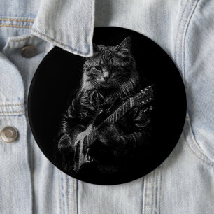 Cat with leather Jacket playing electric guitar  Button