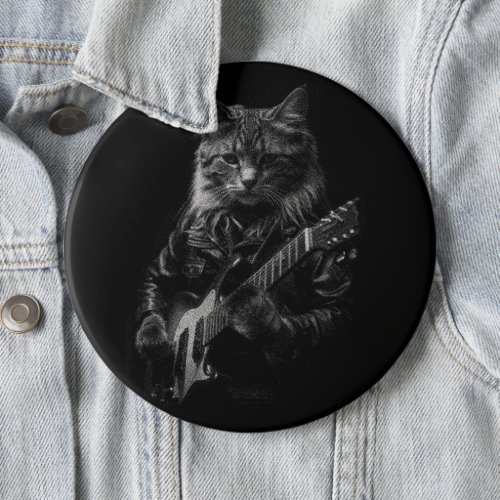 Cat with leather Jacket playing electric guitar  Button