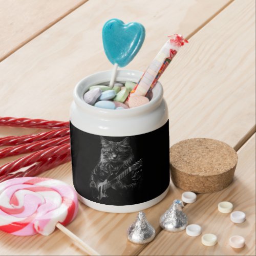 Cat with leather Jacket playing electric guitar  Candy Jar