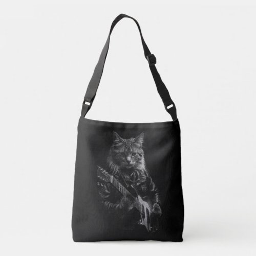 Cat with leather Jacket playing electric guitar  Crossbody Bag