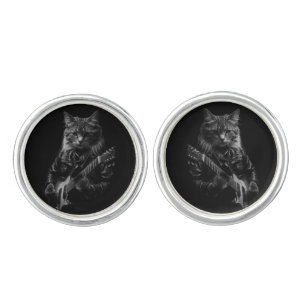 Cat with leather Jacket playing electric guitar Cufflinks