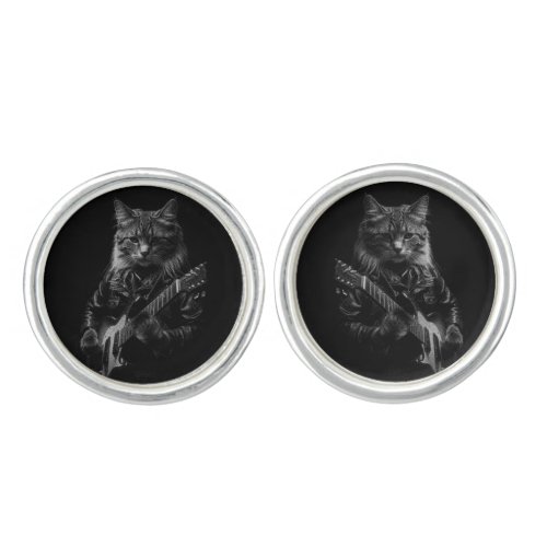 Cat with leather Jacket playing electric guitar  Cufflinks
