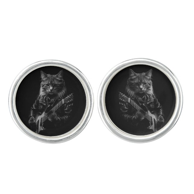 Cat with leather Jacket playing electric guitar  Cufflinks (Front)
