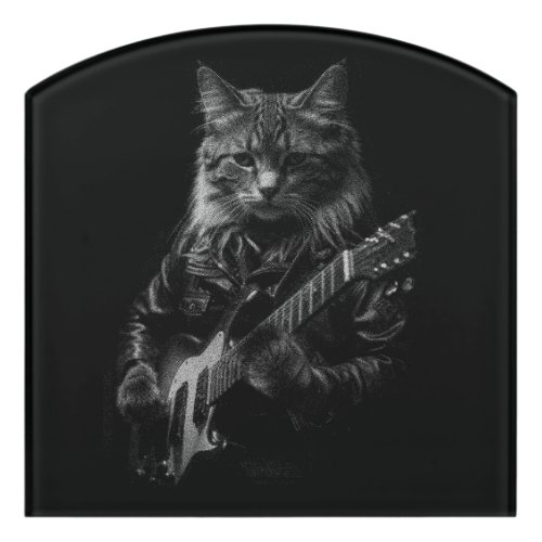 Cat with leather Jacket playing electric guitar  Door Sign