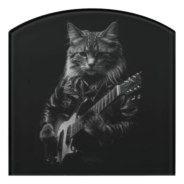 Cat with leather Jacket playing electric guitar  Door Sign (Contour Front)