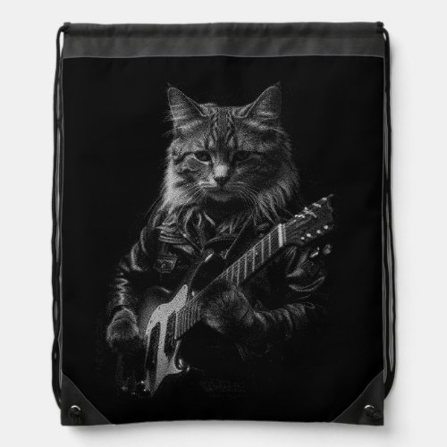 Cat with leather Jacket playing electric guitar  Drawstring Bag