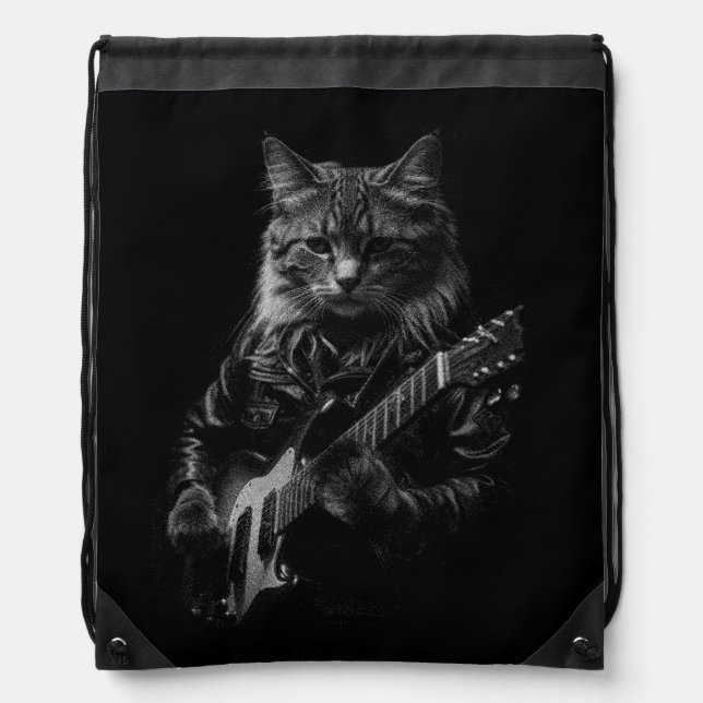Cat with leather Jacket playing electric guitar  Drawstring Bag (Front)