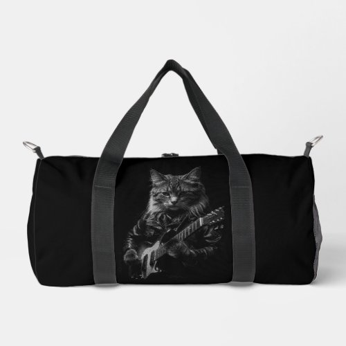 Cat with leather Jacket playing electric guitar  Duffle Bag