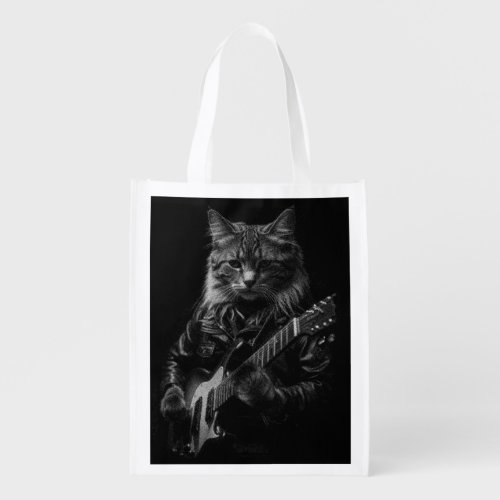 Cat with leather Jacket playing electric guitar  Grocery Bag