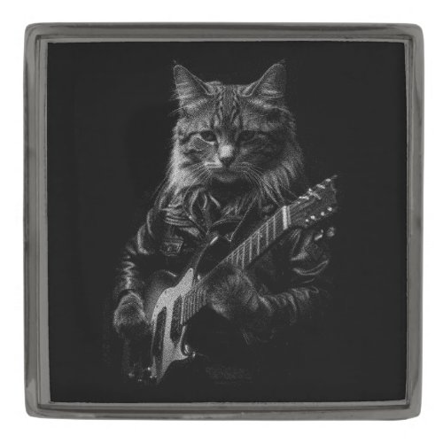Cat with leather Jacket playing electric guitar  Gunmetal Finish Lapel Pin