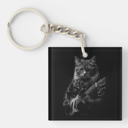 Cat with leather Jacket playing electric guitar  Keychain
