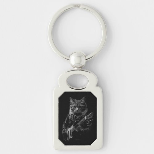 Cat with leather Jacket playing electric guitar  Keychain