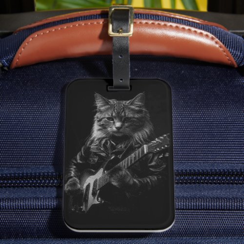 Cat with leather Jacket playing electric guitar  Luggage Tag