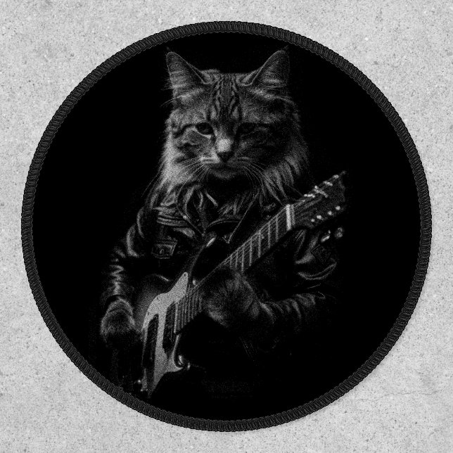 Cat with leather Jacket playing electric guitar  Patch (Front)