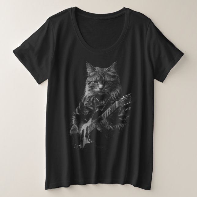Cat with leather Jacket playing electric guitar  Plus Size T-Shirt (Design Front)