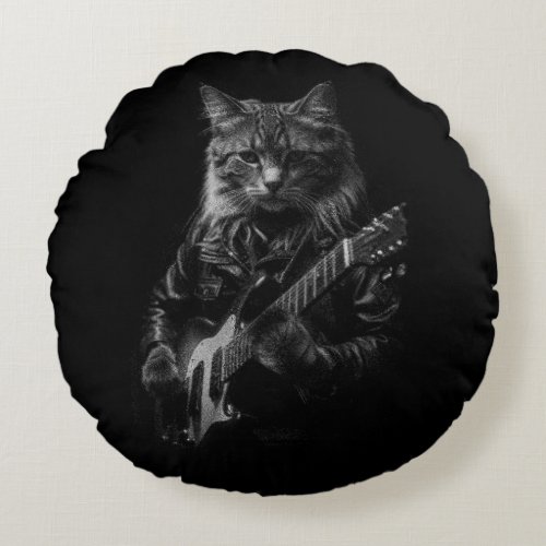 Cat with leather Jacket playing electric guitar  Round Pillow