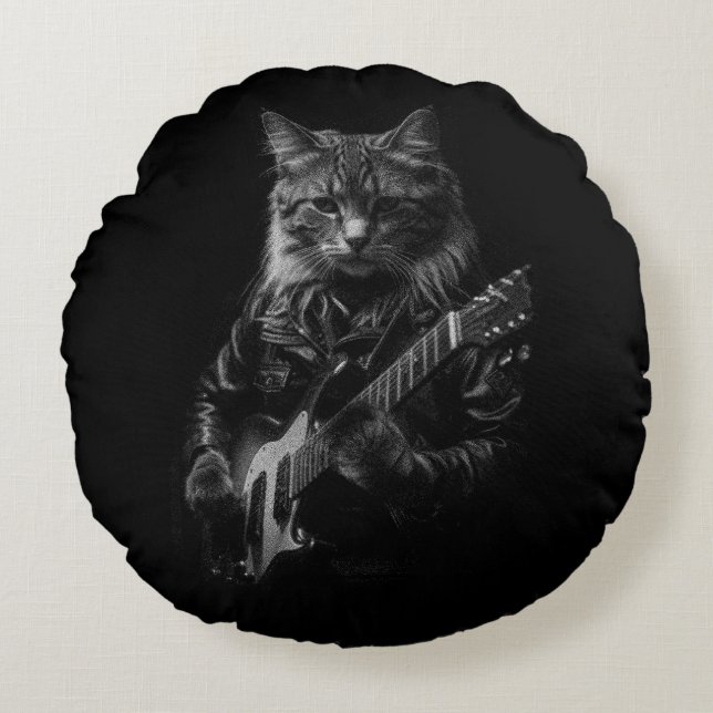 Cat with leather Jacket playing electric guitar  Round Pillow (Front)