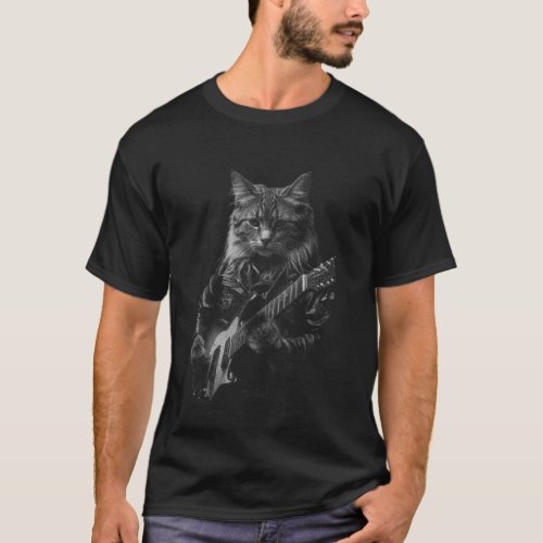 Cat with leather Jacket playing electric guitar  T_Shirt