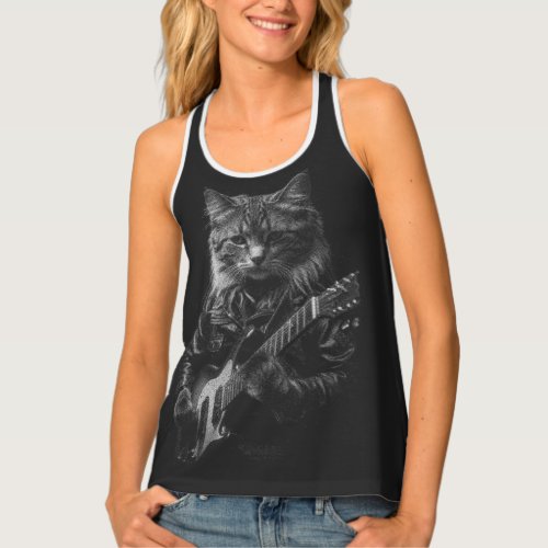 Cat with leather Jacket playing electric guitar  Tank Top
