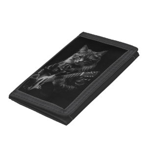 Cat with leather Jacket playing electric guitar Tri-fold Wallet