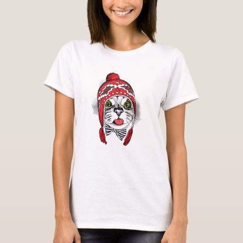 Cat with long knit red hat T_Shirt