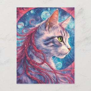 Cat with long pink hair braids postcard