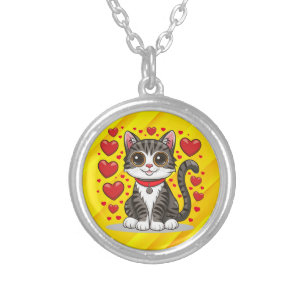 Cat with Love Symbols Clipart-85245 Silver Plated Necklace