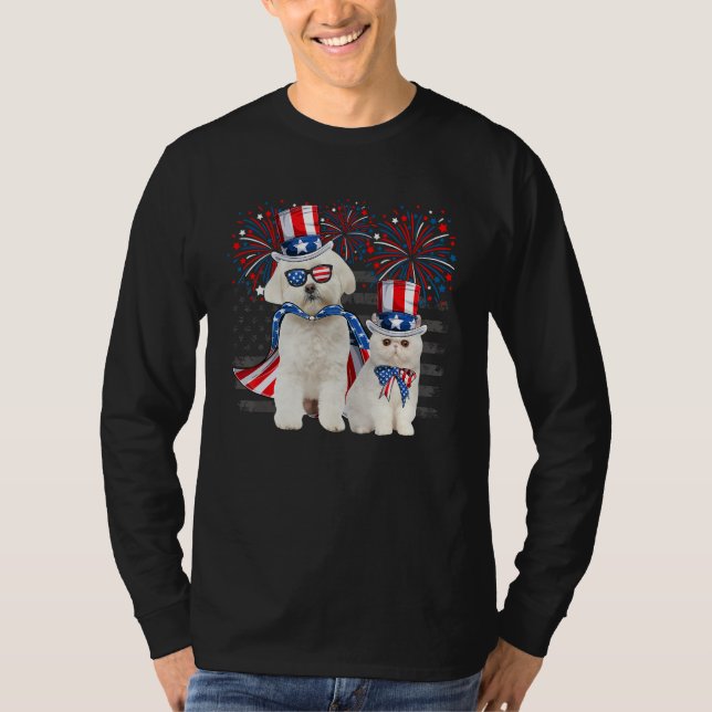 Cat With Maltese Sunglasses American Flag 4th Of J T-Shirt (Front)