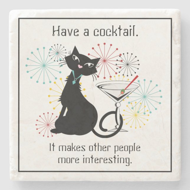 Cat with Martini Glass Stone Coaster (Front)