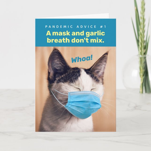 Cat with Mask - Masks and Bad Breath Don't Mix Card (Front)
