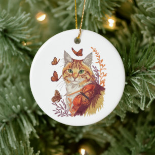 Cat with Monarch Butterflies Ceramic Ornament