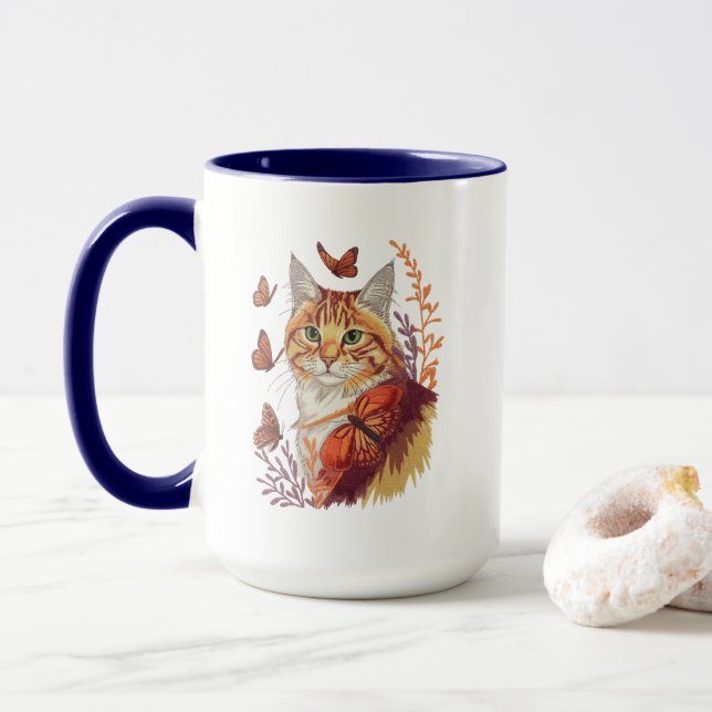 Cat with Monarch Butterflies Mug (With Donut)