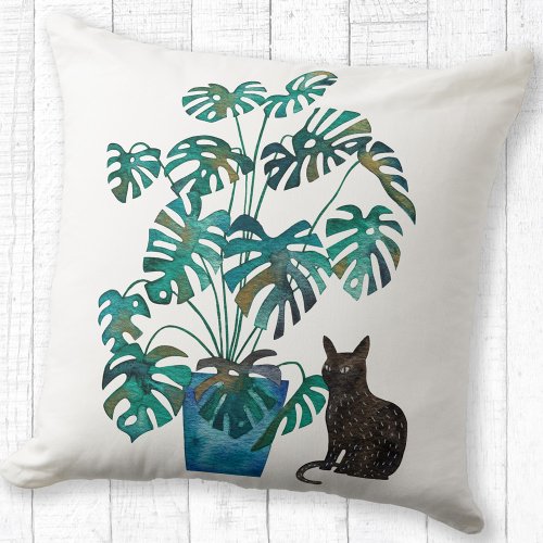 Cat with Monstera Plant Watercolor Throw Pillow