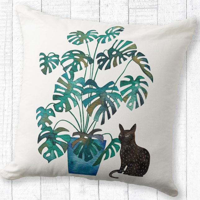 Cat with Monstera Plant Watercolor Throw Pillow (Cat with Swiss Cheese Plant watercolor art throw pillow)