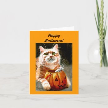 Cat With Mouse In Pumpkin Happy Halloween! Card by KMCoriginals at Zazzle