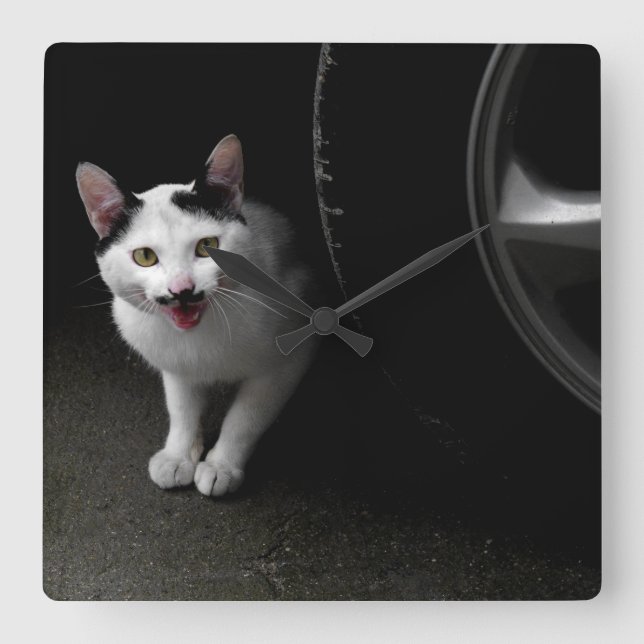 Cat with Mustache Square Wall Clock (Front)