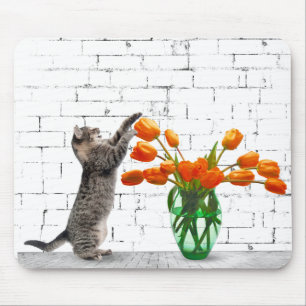 Cat with Orange Tulip Bouquet Mousepad