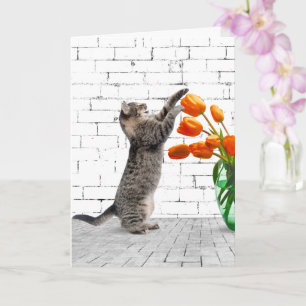 Cat with Orange Tulips Birthday Card