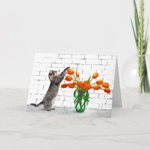 Cat with Orange Tulips Birthday Card