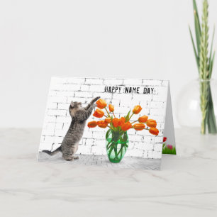 Cat with Orange Tulips Name Day Card