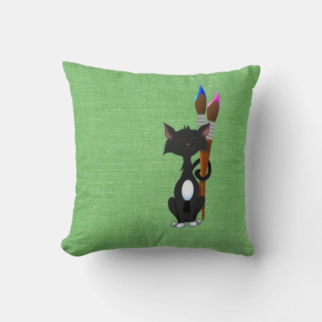 Cat With Paint Brushes On Green Throw Pillow (Front)