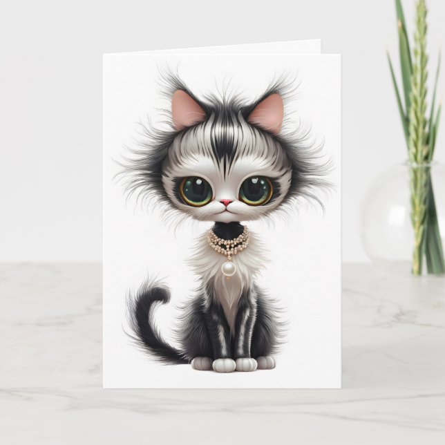 Cat With Pearl Necklace Thinking Of You Card (Front)