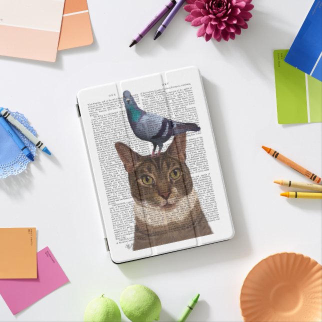 Cat with Pigeon on Head iPad Pro Cover (Desk)