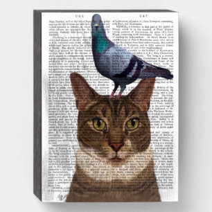Cat with Pigeon on Head Wooden Box Sign