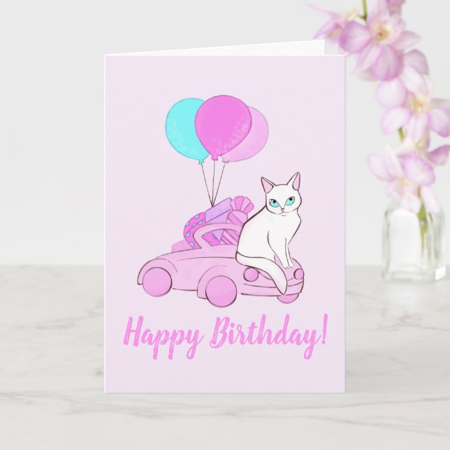 Cat with pink car and balloons card (Orchid)