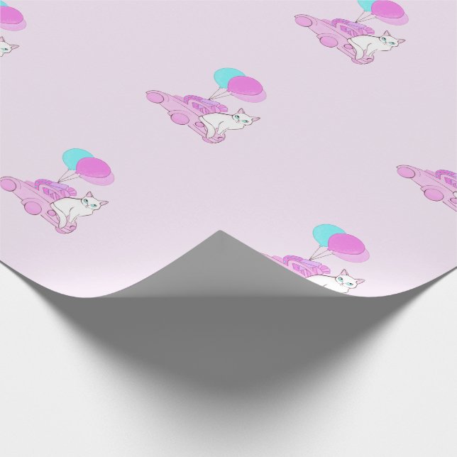 Cat with pink car and balloons wrapping paper (Corner)