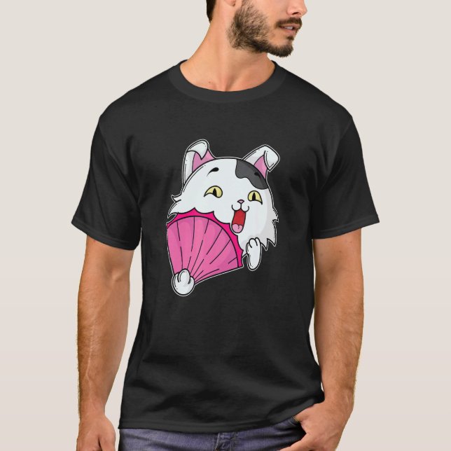Cat With Pink Fan T-Shirt (Front)