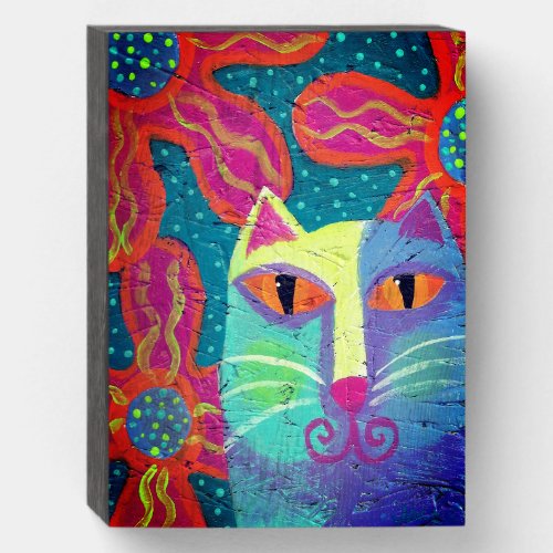 Cat with Pink Flowers Original Abstract Art Wooden Box Sign